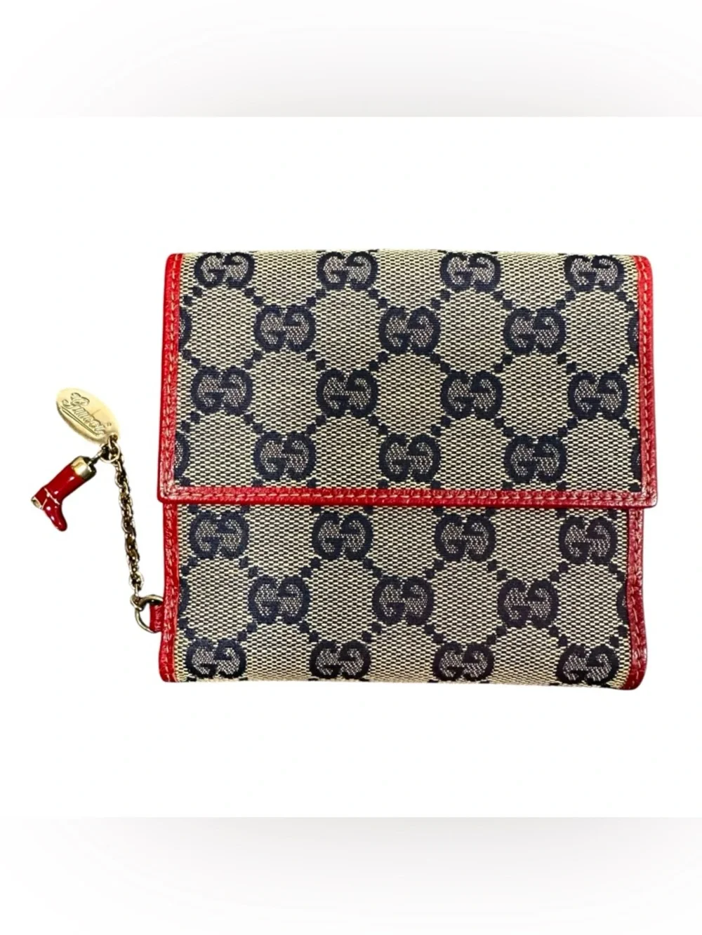 Gucci GG Monogram Navy Canvas & Red Leather Boot Charm Compact Bifold Wallet - Picture 4 of 16
